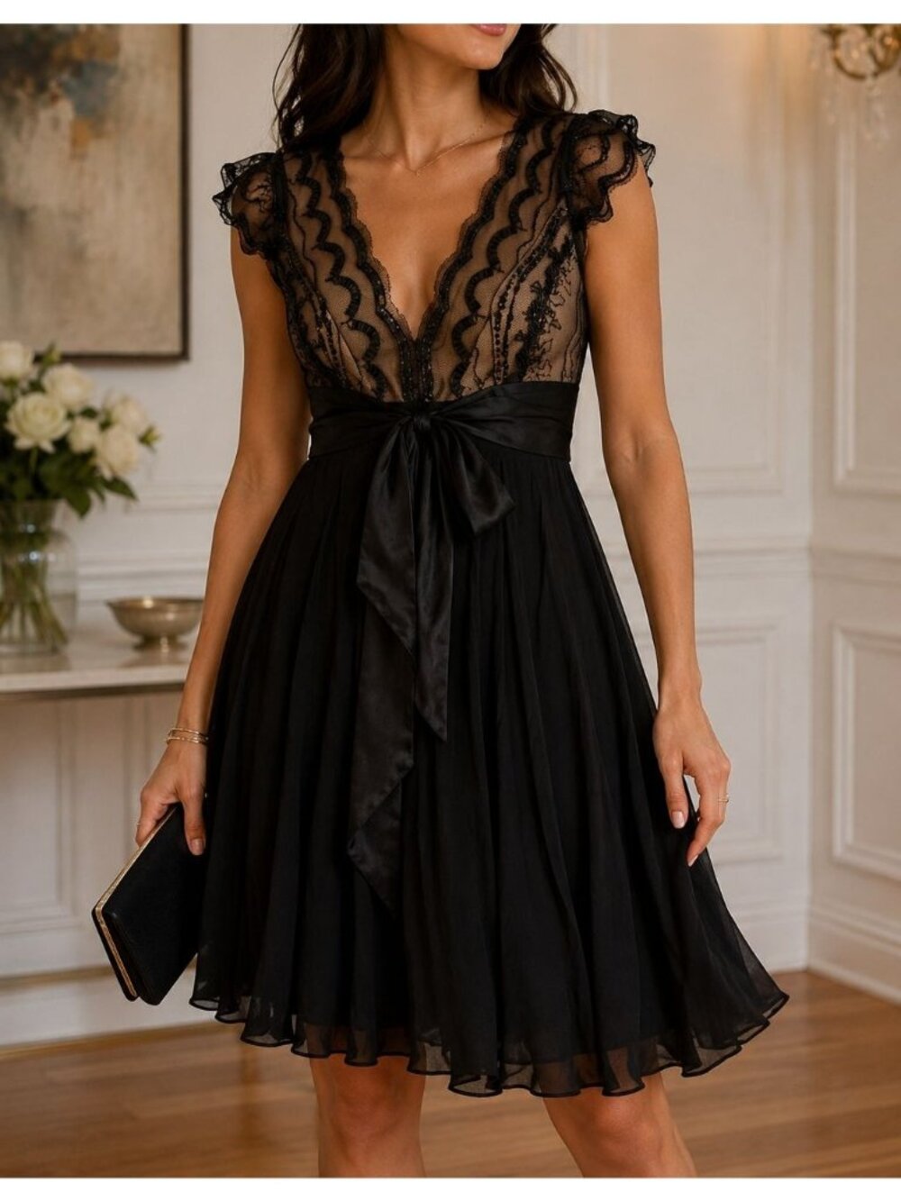 BCBGMAXAZRIA Black Beaded Lace Cocktail Dress Sheer Bodice Satin Bow Sz 4
